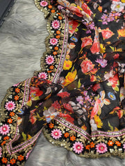Enchanting Black Georgette Designer Saree with Floral Digital Print, Thread & Sequence Work - Perfect for Weddings & Special Occasions Colorful Saree