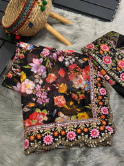 Enchanting Black Georgette Designer Saree with Floral Digital Print, Thread & Sequence Work - Perfect for Weddings & Special Occasions Colorful Saree