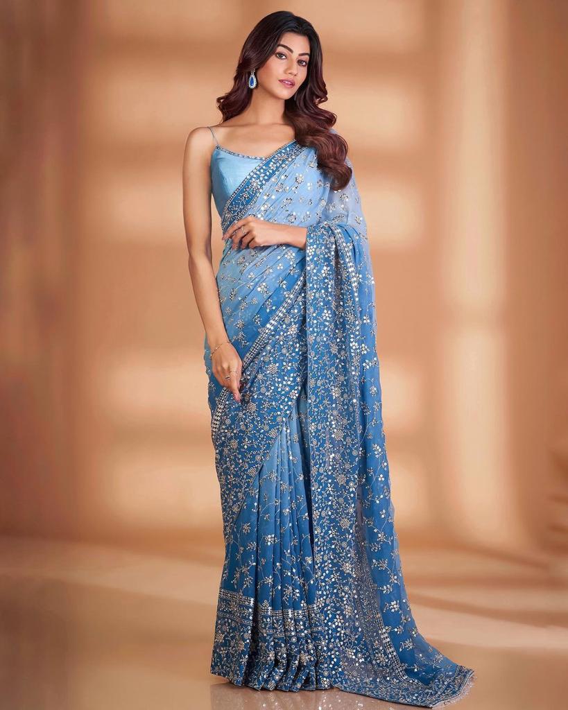 Exquisite Blue Embroidered Saree: Luxury Georgette with Heavy Sequins & Lace Colorful Saree