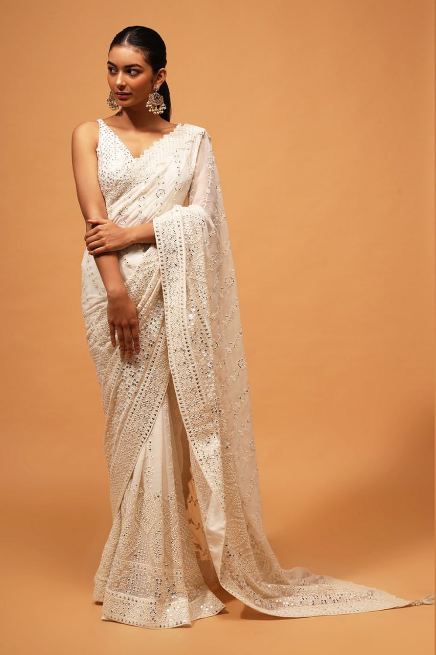 Exquisite White Designer Saree: Luxurious Georgette with Dazzling Embroidery & Sequins Colorful Saree