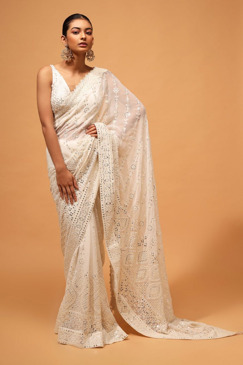 Exquisite White Designer Saree: Luxurious Georgette with Dazzling Embroidery & Sequins Colorful Saree