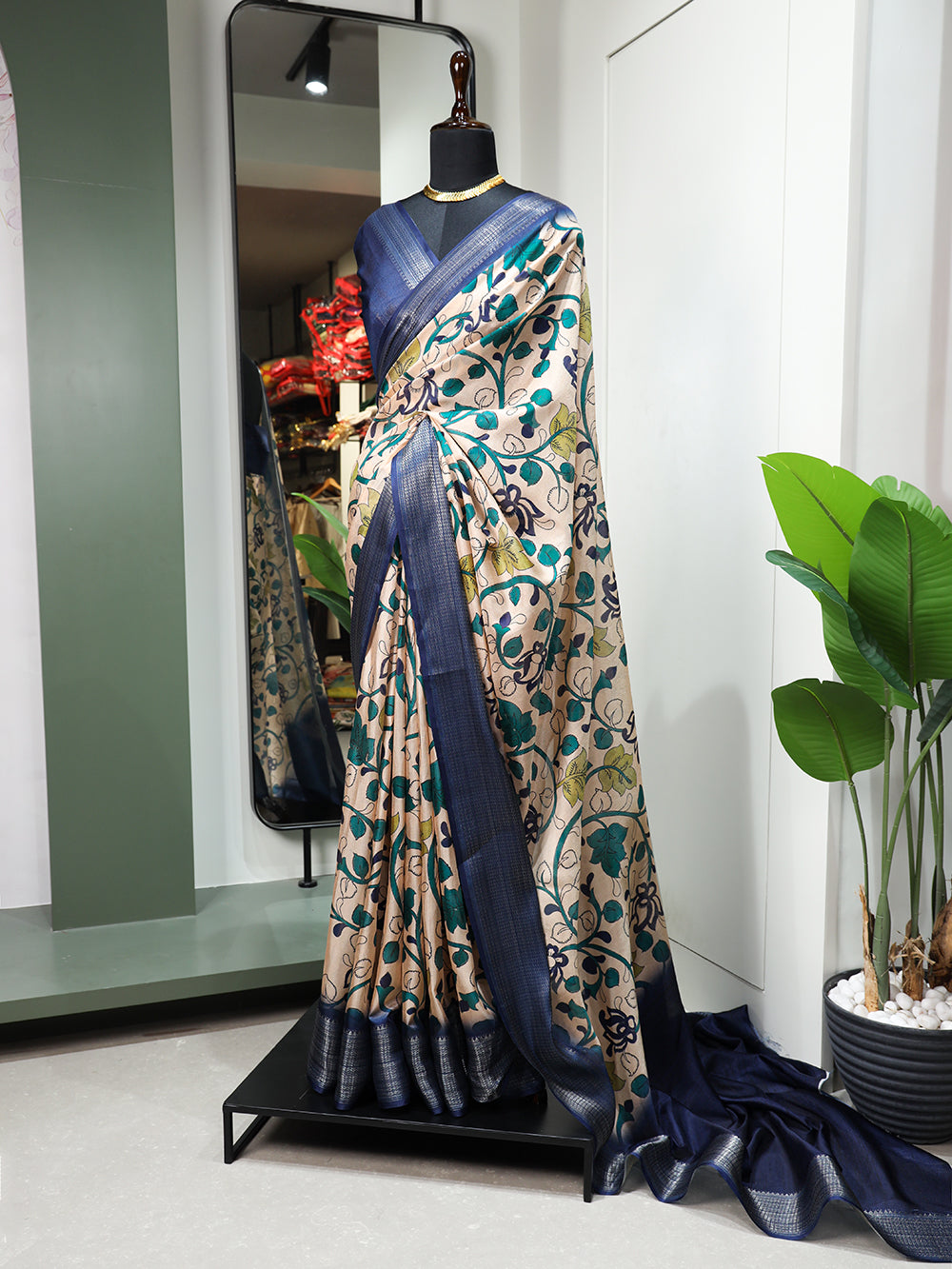 Navy Blue Color Printed With Zari Border Dola Silk Saree Colorful Saree