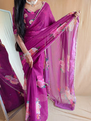 Purple Color Printed With Peral Lace Border Georgette Fancy Saree Colorful Saree
