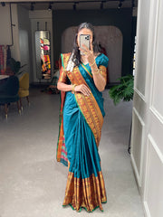 Firozi Color Zari Weaving Work Narayan Pet Saree Colorful Saree
