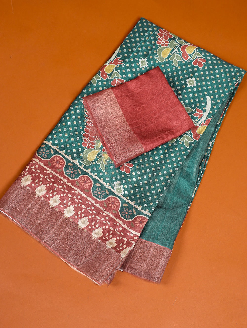 Firozi Color Handloom Kotha Border Digital Printed Saree Colorful Saree