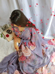 Grey Color Printed With Pearl Lace Border Georgette Saree Colorful Saree
