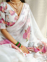 White Color Printed With Pearl Lace Border Georgette Saree Colorful Saree
