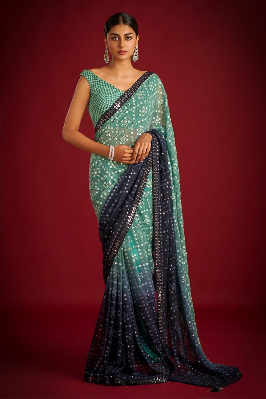 Green Faux Georgette Saree with Heavy Banglory Silk Blouse Colorful Saree