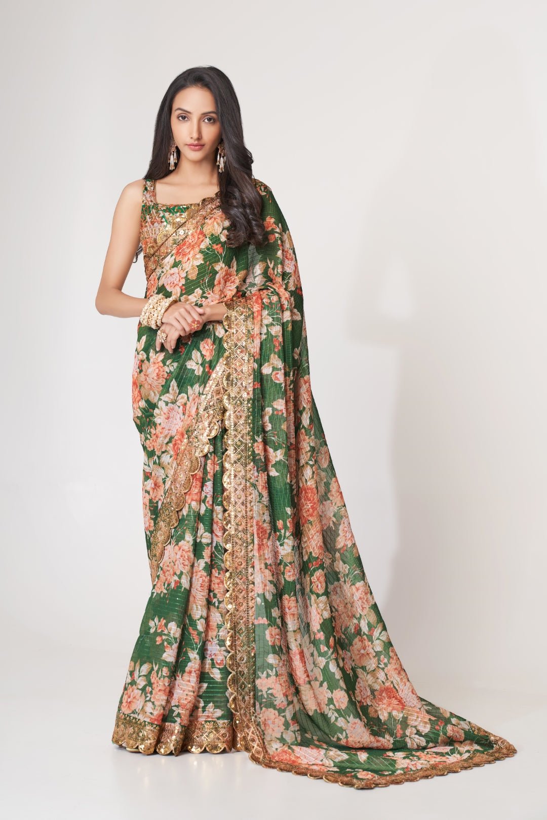 Green Organza Saree with Sequin Embroidery and Digital Print Colorful Saree