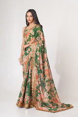 Green Organza Saree with Sequin Embroidery and Digital Print Colorful Saree