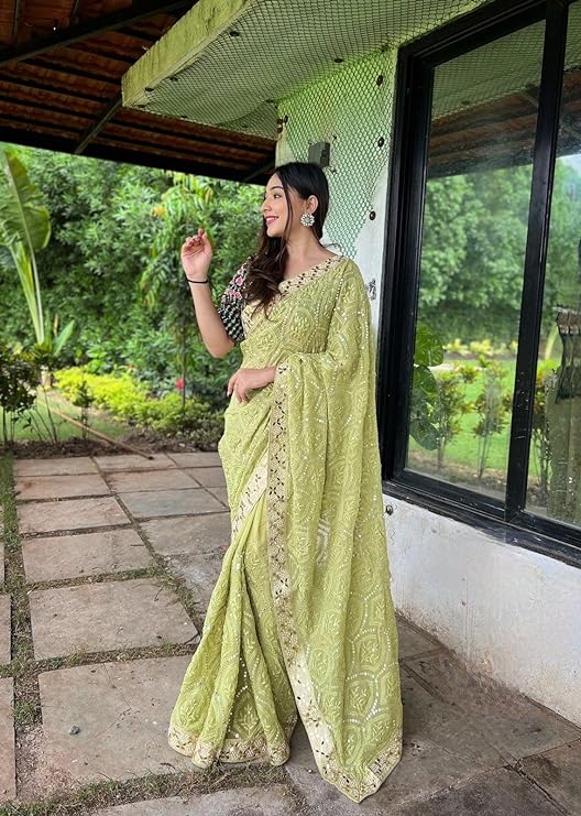 Green Soft Georgette Chikankari Saree with Sequins & Mirror Work Colorful Saree