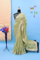 Green Soft Georgette Chikankari Saree with Sequins & Mirror Work Colorful Saree