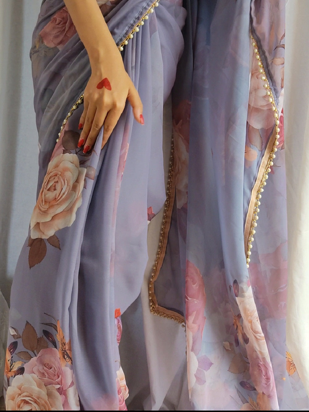 Grey Color Printed With Pearl Lace Border Georgette Saree Colorful Saree