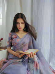 Grey Color Printed With Pearl Lace Border Georgette Saree Colorful Saree