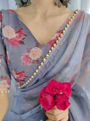 Grey Color Printed With Pearl Lace Border Georgette Saree Colorful Saree