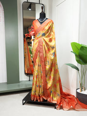 Orange Color Digital Printed Handloom Kotha Border Saree Colorful Saree