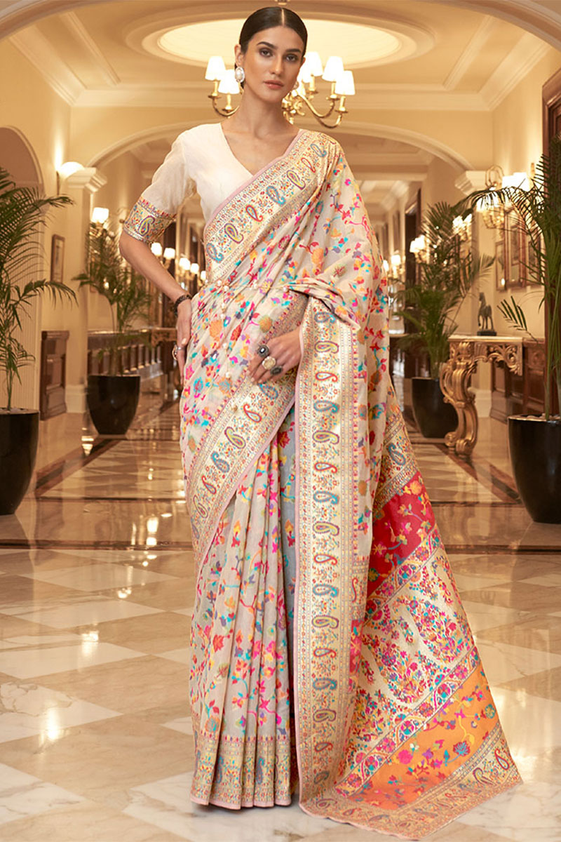 Gratifying Beige Pashmina saree With Panoply Blouse Piece - Colorful Saree
