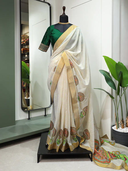 Kerala off-white with silver zari border semi tissue handwoven and hand  painted floral designed saree