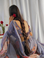 Grey Color Printed With Pearl Lace Border Georgette Saree Colorful Saree