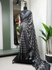Black Color Printed With Zari Border Dola Silk Saree - Colorful Saree