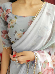 Off White Color Printed With Pearl Lace Border Georgette Saree Colorful Saree