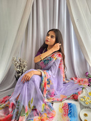Lavender Color Floral Printed Georgette Saree with Sequins and Lace Colorful Saree