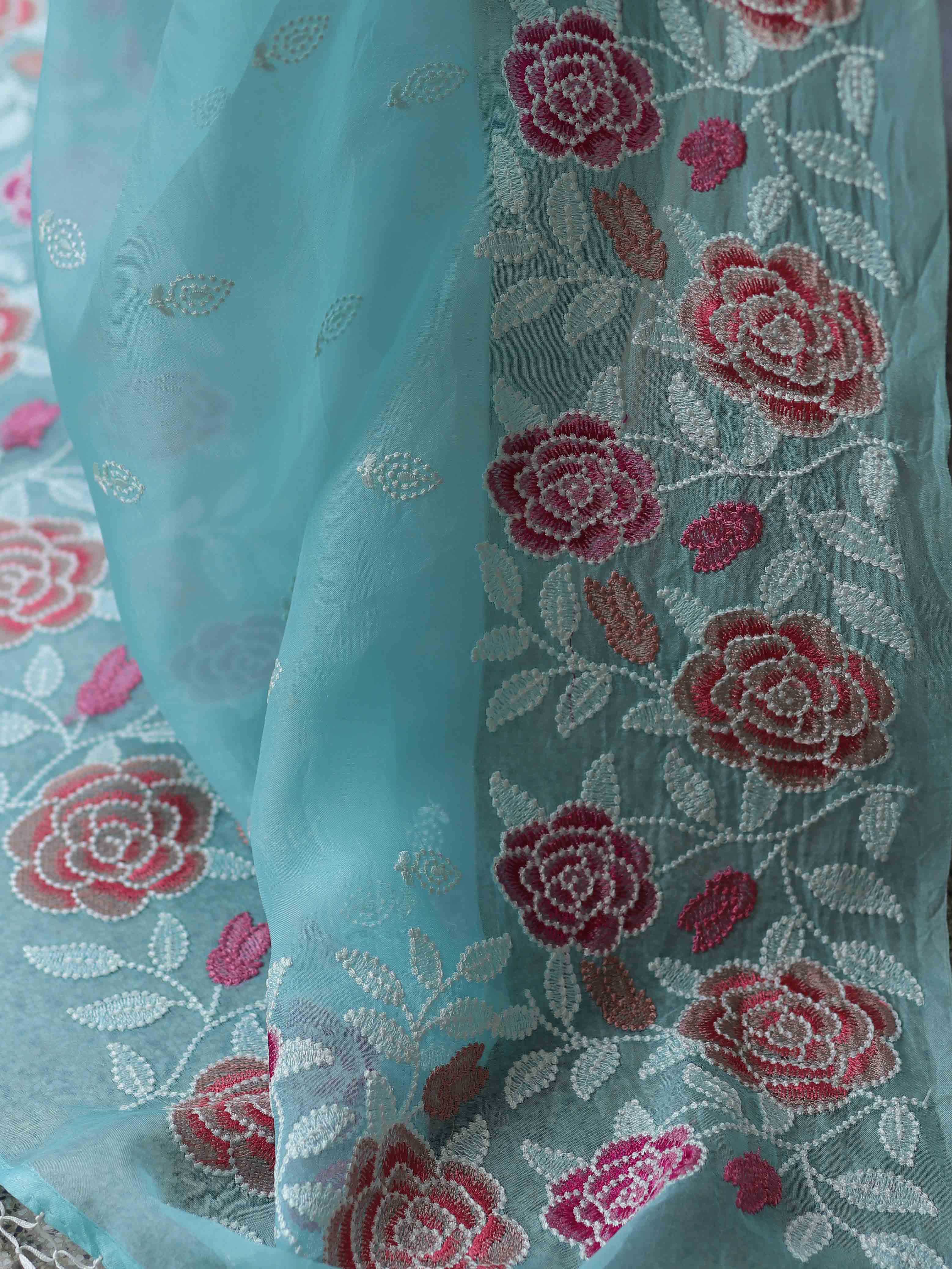 Light Blue Organza Silk Saree with Resham Floral Embroidery Colorful Saree