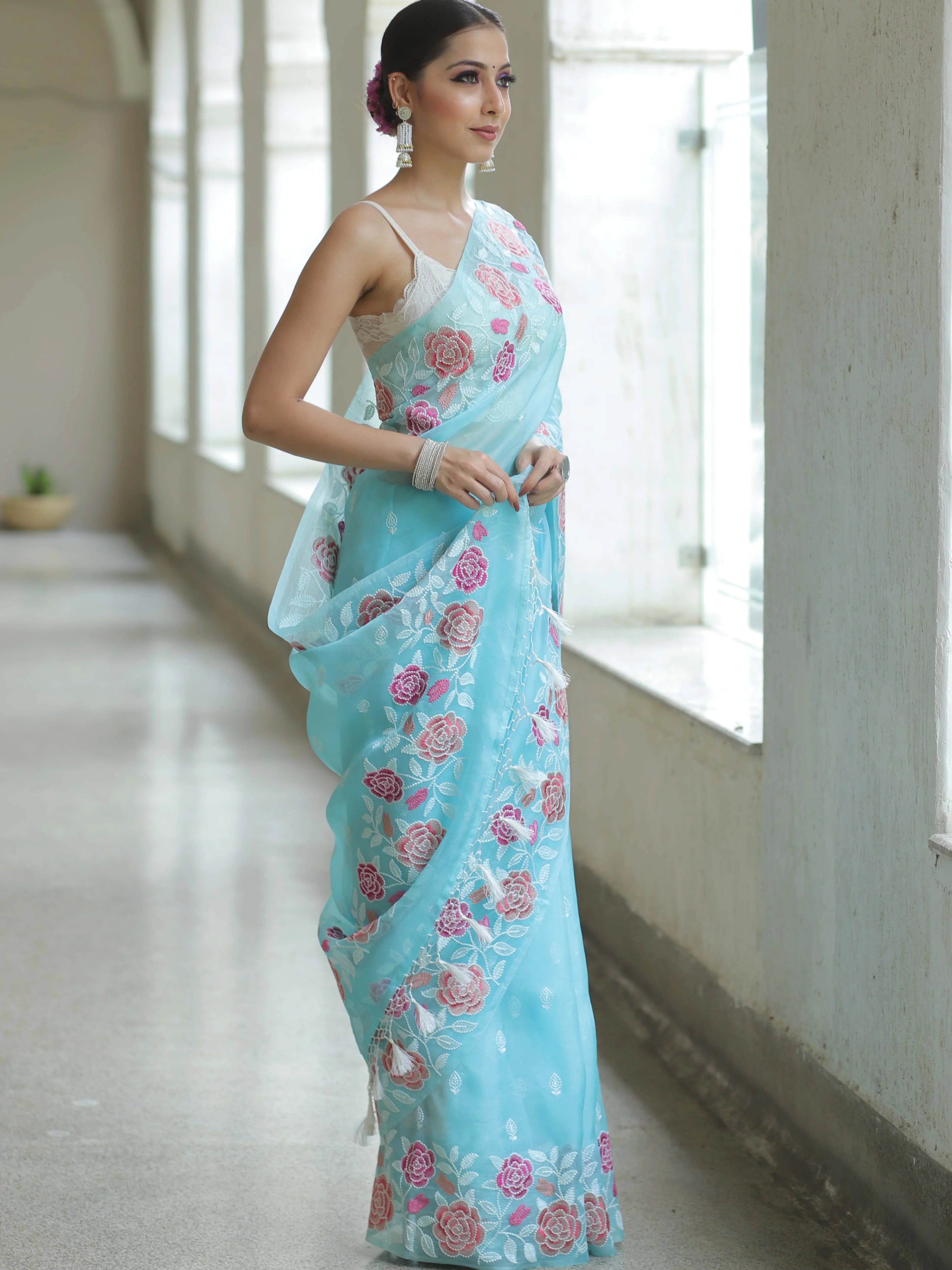 Light Blue Organza Silk Saree with Resham Floral Embroidery Colorful Saree