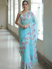 Light Blue Organza Silk Saree with Resham Floral Embroidery Colorful Saree