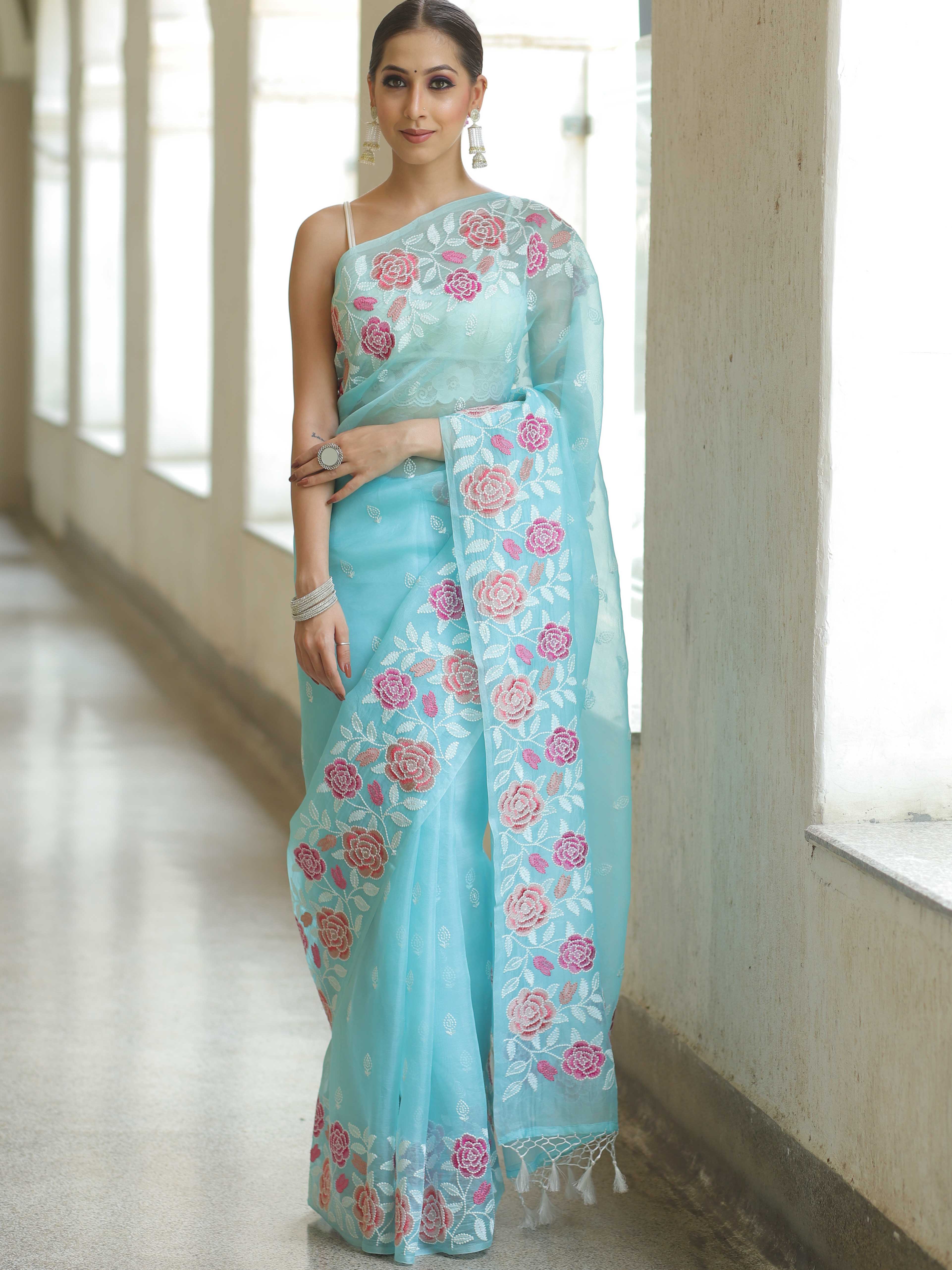 Light Blue Organza Silk Saree with Resham Floral Embroidery Colorful Saree