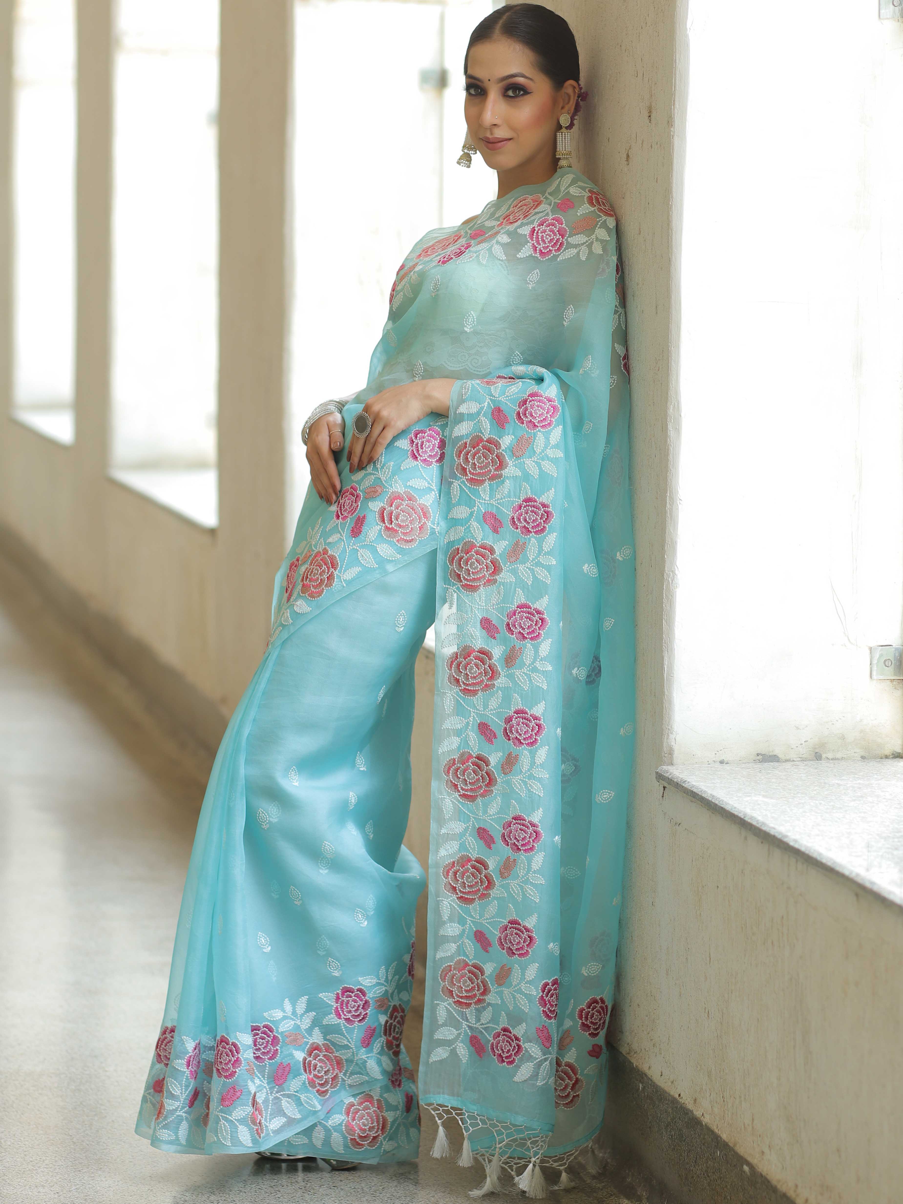 Light Blue Organza Silk Saree with Resham Floral Embroidery Colorful Saree