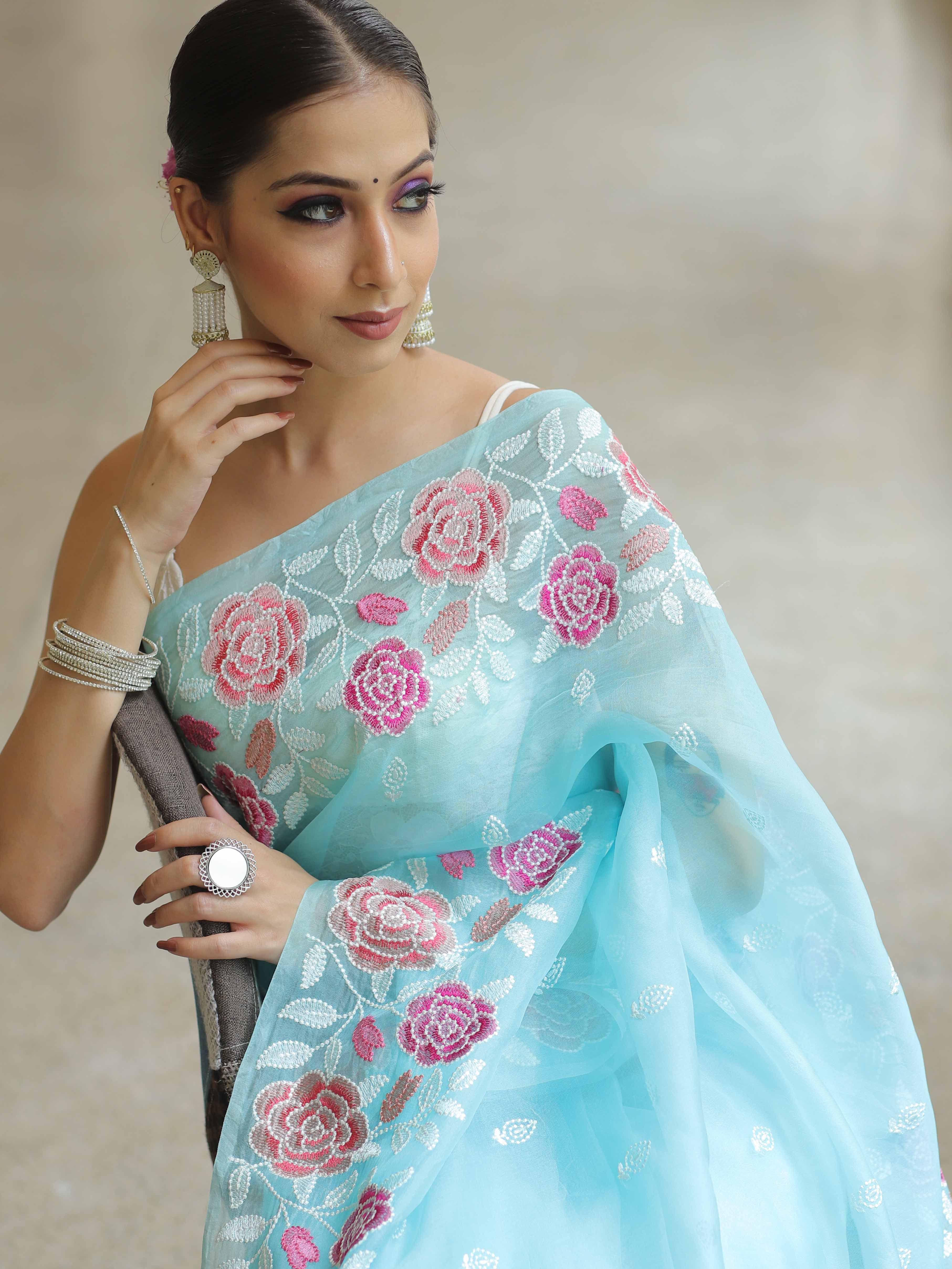 Light Blue Organza Silk Saree with Resham Floral Embroidery Colorful Saree