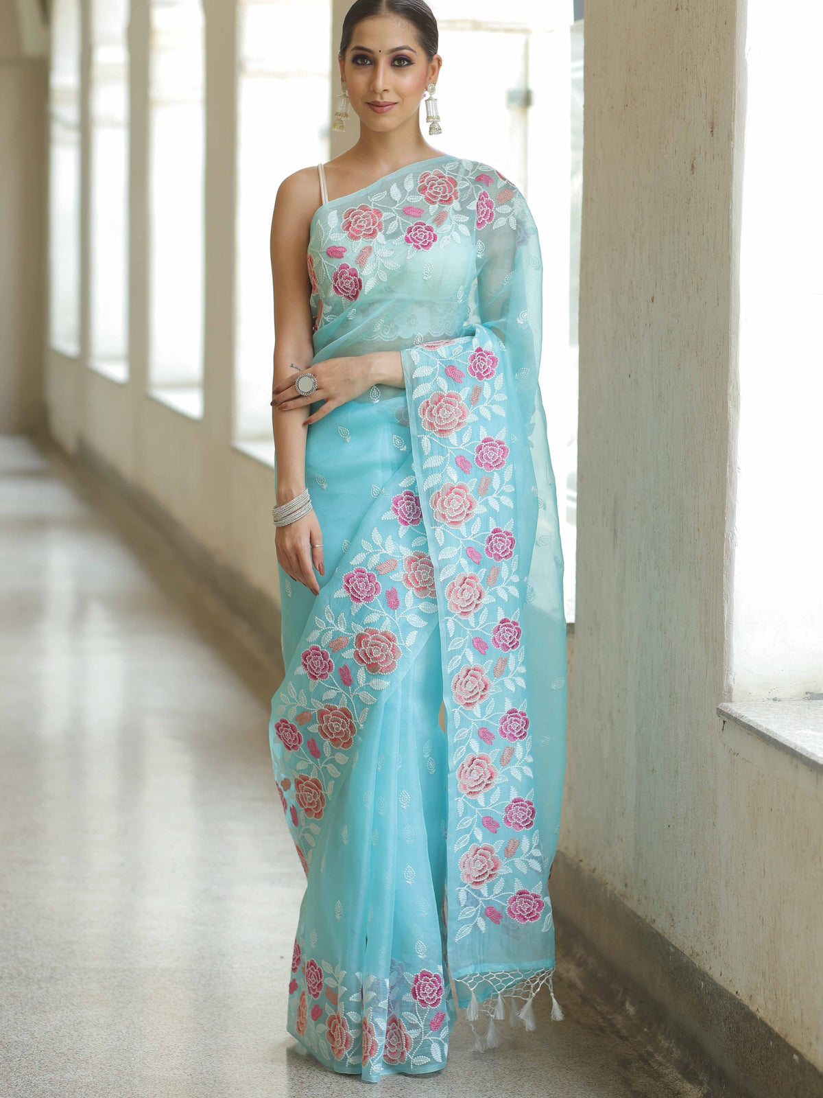 Light Blue Organza Silk Saree with Resham Floral Embroidery Colorful Saree