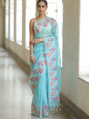 Light Blue Organza Silk Saree with Resham Floral Embroidery Colorful Saree