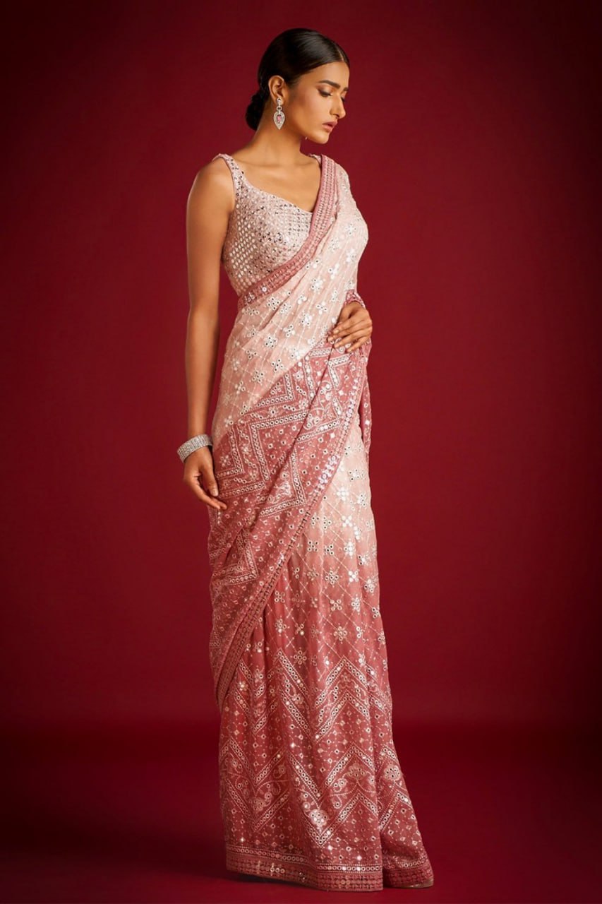 Light Peach Georgette Saree with Exquisite Embroidery Colorful Saree