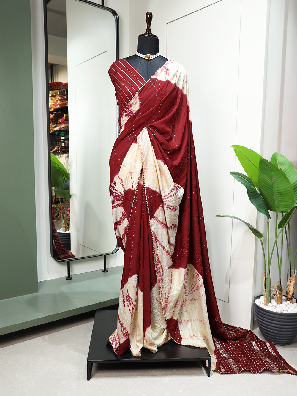 Maroon Color Sequins With Zari Line And Gota Patti Lace Border Viscose Chanderi Saree Colorful Saree