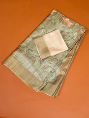Mehendi Green Color Handloom Kotha Border Digital Printed Saree Colorful Saree