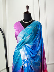 Mesmerizing Multicolor Digital Printed Satin Silk Saree with Foil Work - Wedding Elegance Colorful Saree