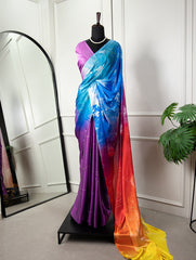 Mesmerizing Multicolor Digital Printed Satin Silk Saree with Foil Work - Wedding Elegance Colorful Saree