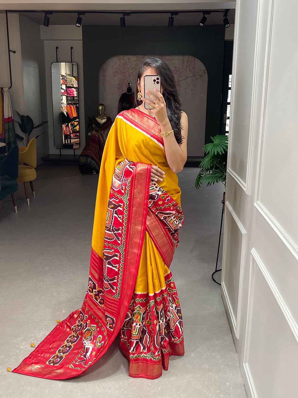 Mustard Color Dola Silk Patola Saree with Shimmering Foil Work Colorful Saree