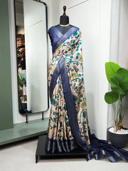 Navy Blue Color Printed With Zari Border Dola Silk Saree Colorful Saree