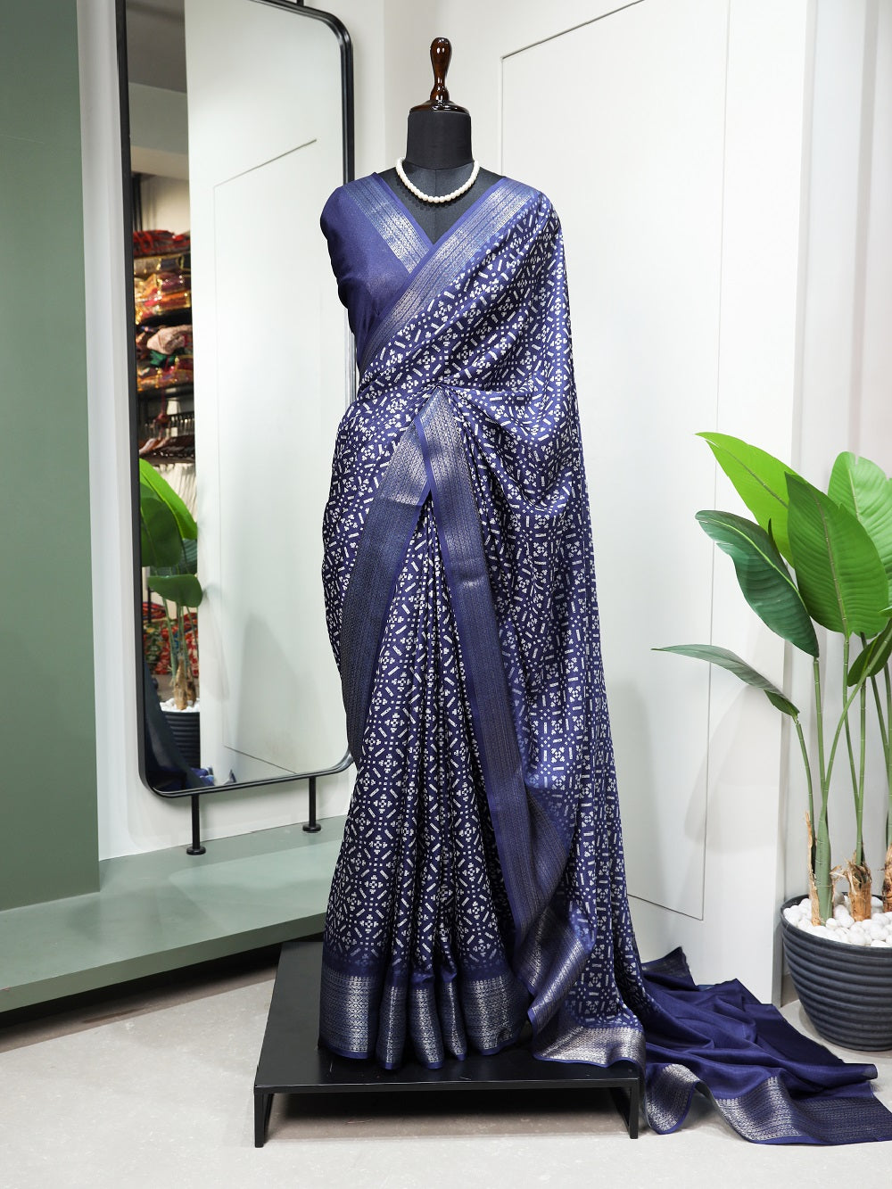 Navy Blue Color Printed With Zari Border Dola Silk Saree Colorful Saree