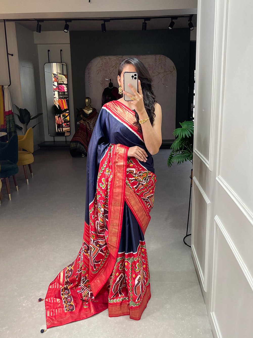 Navy Blue Color Dola Silk Patola Saree with Shimmering Foil Work Colorful Saree