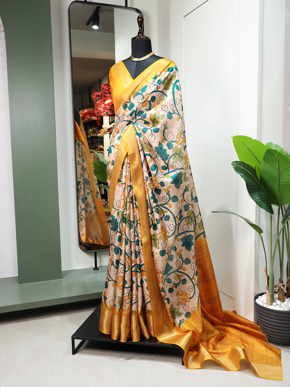 Yellow Color Printed With Zari Border Dola Silk Saree Colorful Saree