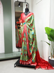 Parrot Color Digital Printed Handloom Kotha Border Saree Colorful Saree