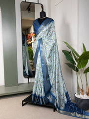 Sky Blue Color Printed With Zari Border Dola Silk Saree Colorful Saree