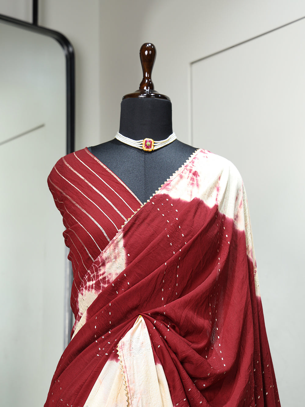 Maroon Color Sequins With Zari Line And Gota Patti Lace Border Viscose Chanderi Saree Colorful Saree