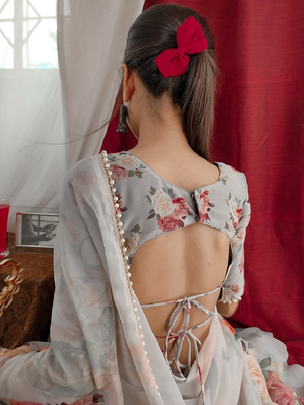 Off White Color Printed With Pearl Lace Border Georgette Saree Colorful Saree