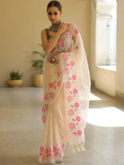 Off White Organza Silk Saree with Resham Floral Embroidery Colorful Saree