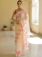 Off White Organza Silk Saree with Resham Floral Embroidery Colorful Saree